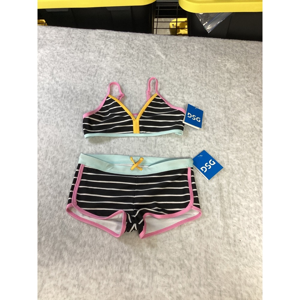 DSG Girls Sanibel Stripe Bikini Top and Dolphin‎ Hem Swim Shorts Set Size S New